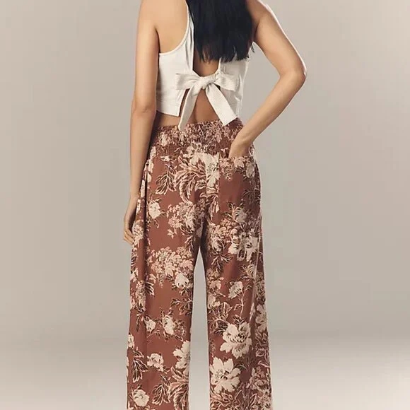 Anthropologie Linen Barrel Leg Floral Reese Smocked Pull On Pants Size Large - Picture 3 of 10